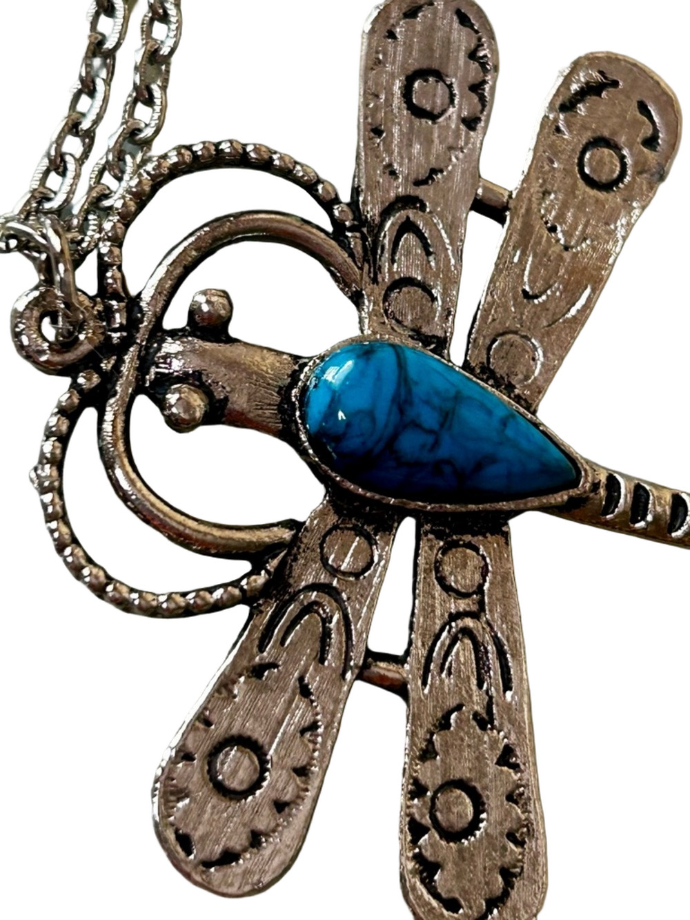 Dragonfly Necklace Natural Stone Faux Turquoise Silver Boho Jewelry Vintage